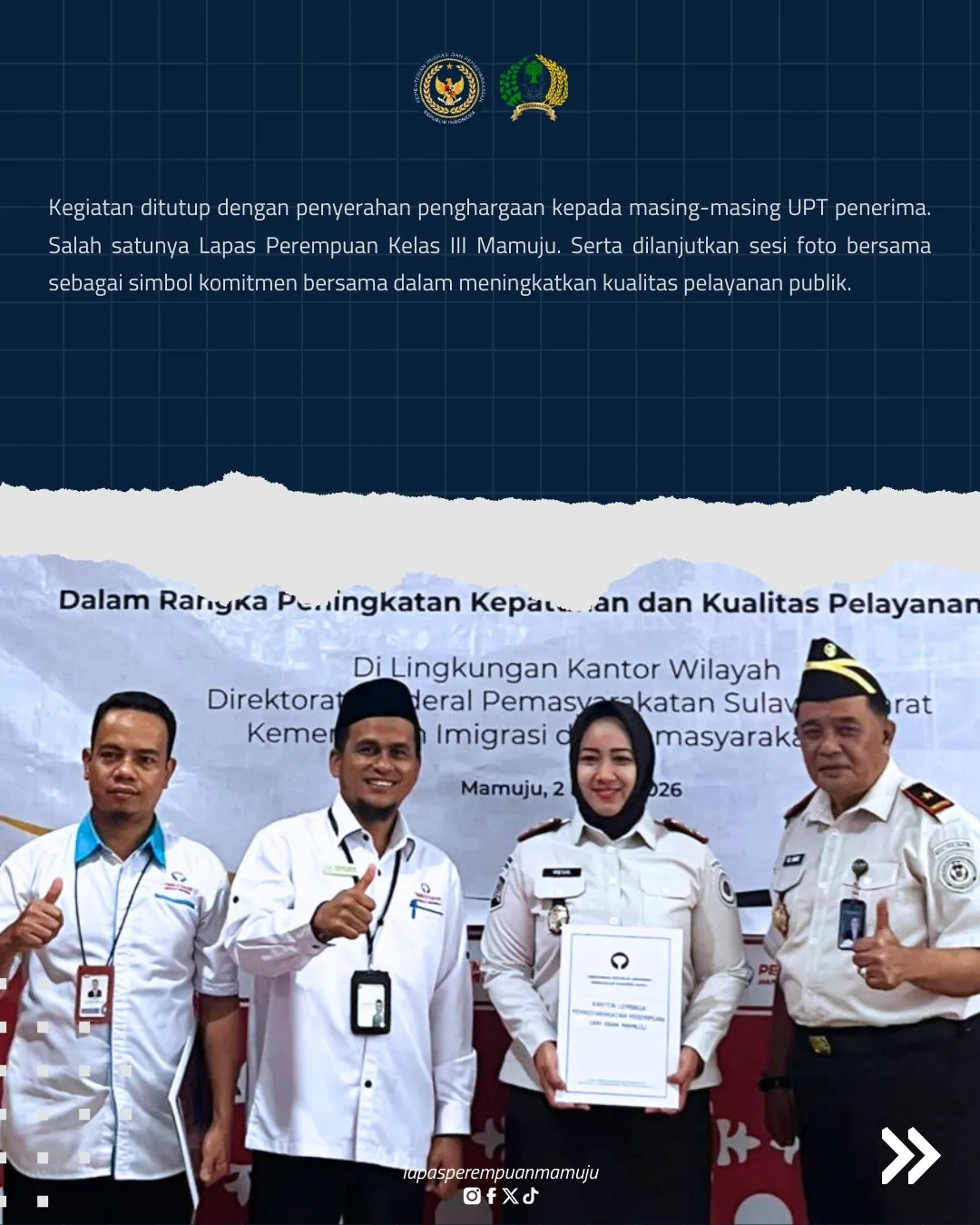 Lapas Perempuan Kelas III Mamuju Raih Penghargaan Ombudsman 2025, Wujud Komitmen Tingkatkan Kualitas Pelayanan Publik
